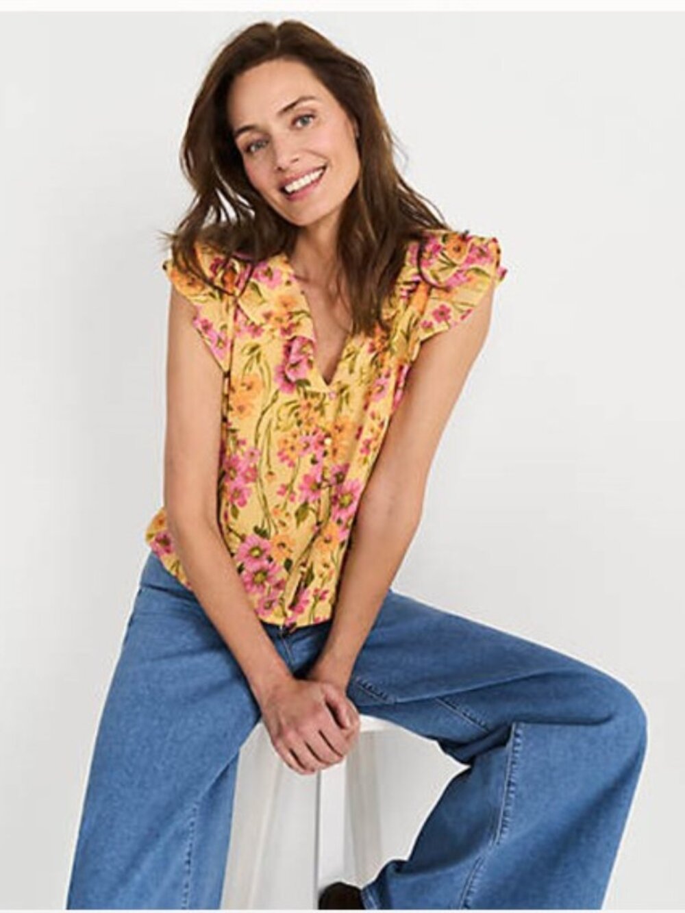 Lands' End Medium Chiffon Ruffle Sleeve Bubble Hem Blouse - Yellow Floral